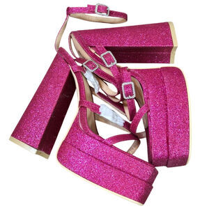Nasty Gal Hot Pink Glitter Platform Block Heels Sz. 38/7